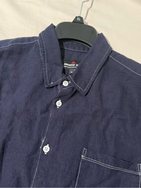 American Giant Men’s Mavy Blue Short Sleeve Linen Button Down Shirt Pocket Sz M